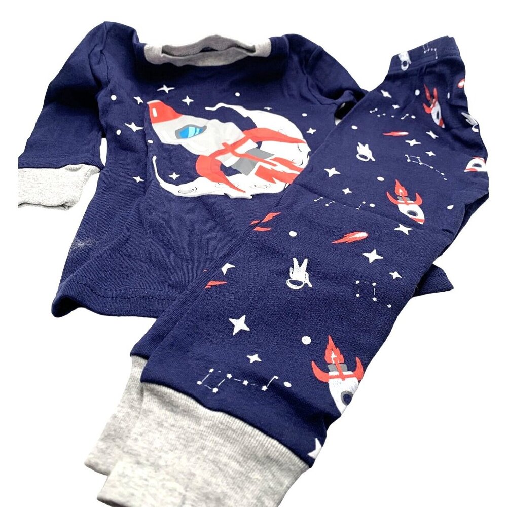 2PC Phoebe Cat Pajama Set Rocket Ship Moon Space Long Sleeve Pants Blue Size 2T